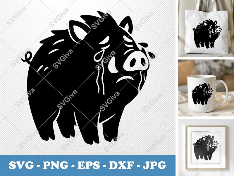 Boar Crying SVG, Sad Wild Pig Cut File, Animal Clipart PNG EPS DXF for Cricut, Silhouette, Funny Design