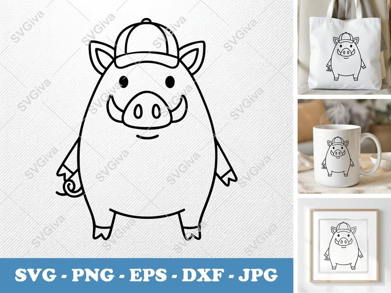 Boar in a Cap SVG | Friendly Bean-Shaped Cartoon | Rounded Animal Cut File for Cricut, Silhouette | PNG EPS DXF