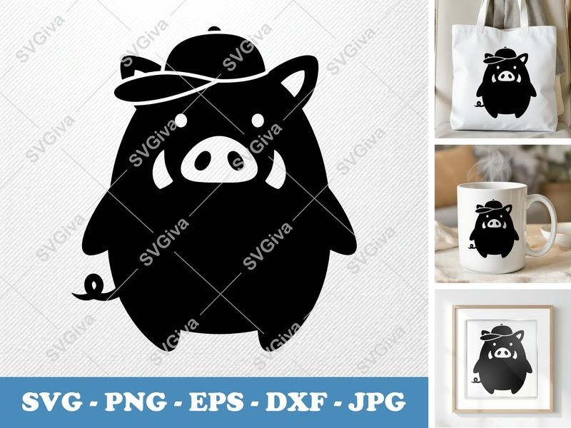 Boar in a Cap SVG | Puffy Soft Shapes | Inflated Cute Animal | PNG DXF EPS | Cricut Silhouette Cut File