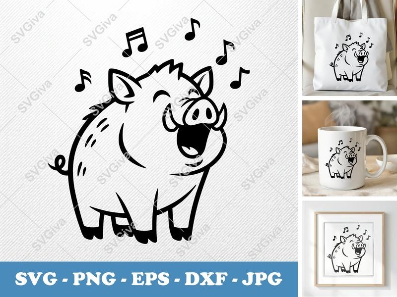 Boar Singing SVG | Minimalist Contour Cut File | Bold Black Line Art PNG DXF EPS | Cricut Silhouette | Animal Vector