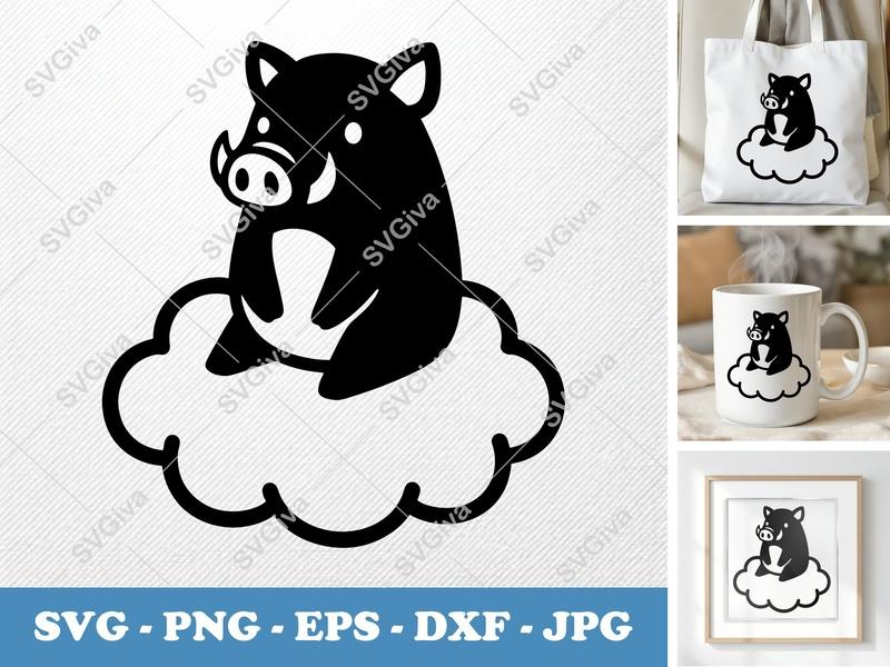 Boar Sitting on a Cloud SVG | Puffy Cartoon Style Cut File | PNG DXF EPS for Cricut Silhouette