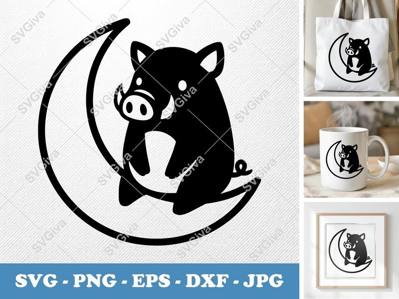 Boar Sitting on Moon SVG | Puffy Soft Shapes | Inflated Pillow-Soft | PNG DXF EPS | Cricut Silhouette