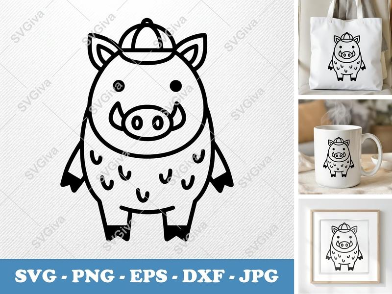 Boar SVG, Cartoon Wild Boar with Hat, Minimalist Pig Line Art PNG EPS DXF for Cricut & Silhouette, Cute Animal Cut File