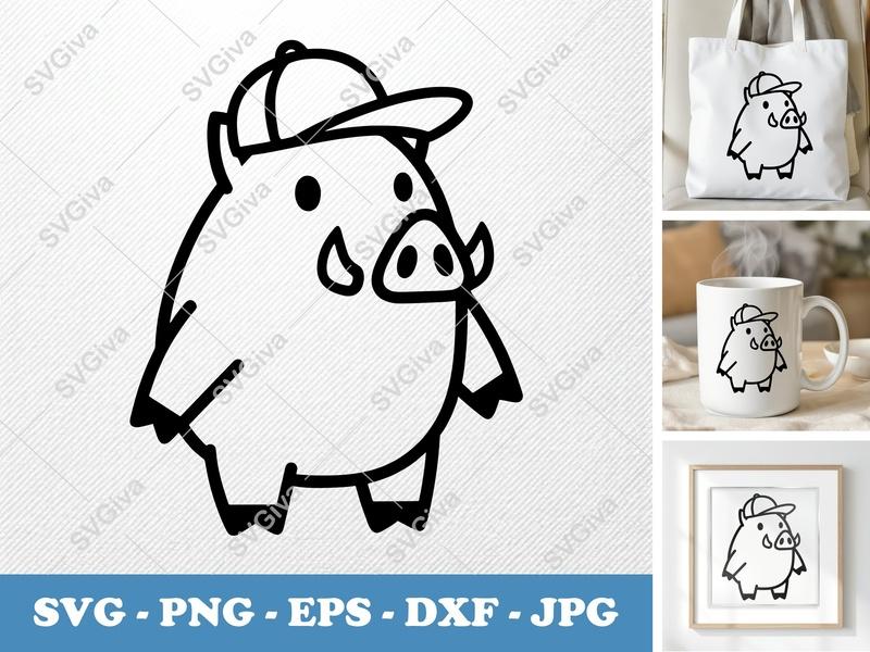Boar SVG | Cartoon Wild Boar with Hat | Modern Clean Line Art | PNG EPS DXF for Cricut Silhouette