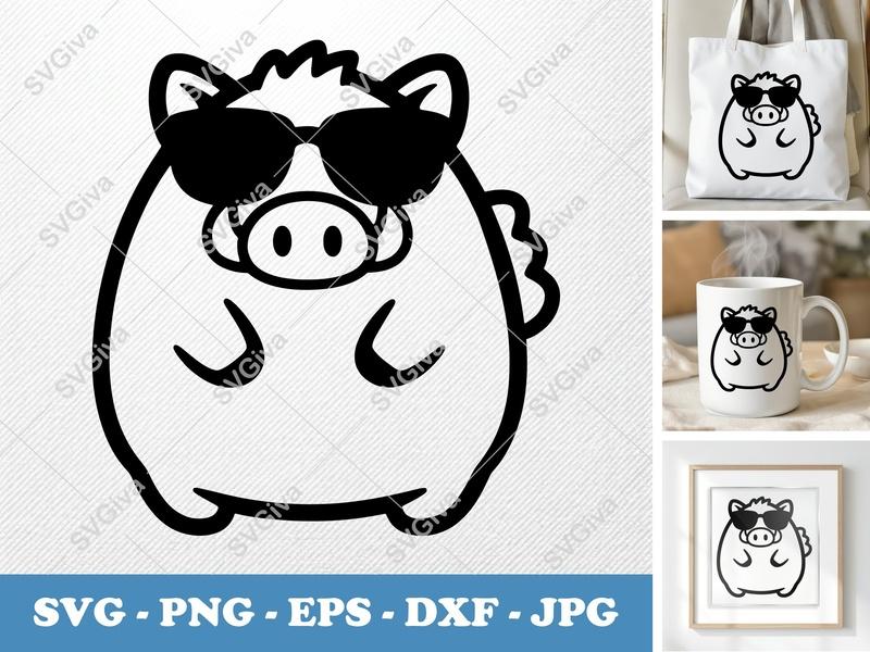 Boar SVG, Cartoon Wild Pig with Sunglasses, Cool Hog PNG DXF EPS for Cricut & Silhouette, Funny Animal Cut File