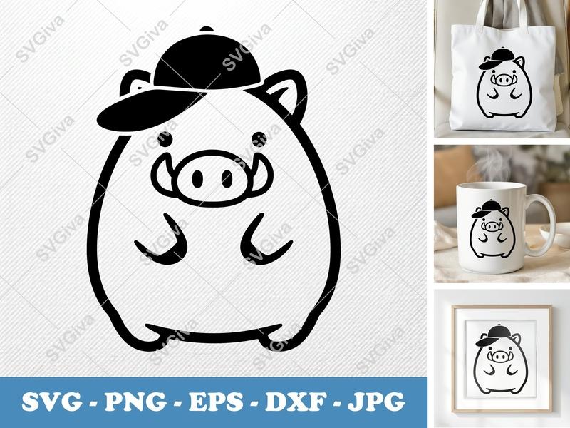 Boar SVG | Cute Cartoon Boar with Hat | Wild Pig Cut File for Cricut, Silhouette | PNG EPS DXF Vector Clipart