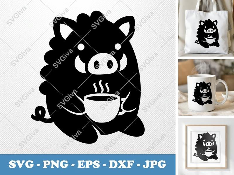 Boar SVG, Cute Coffee Drinker, Modern Clean Design | PNG EPS DXF | Cricut Silhouette File