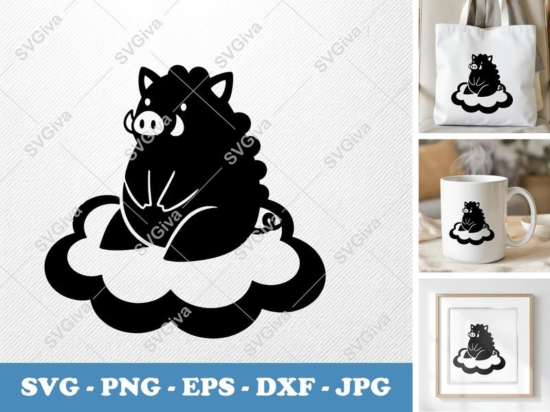 Boar SVG, Cute Wild Boar on Cloud, Animal Clipart, PNG EPS DXF | Cricut Silhouette File, Baby Nursery Design