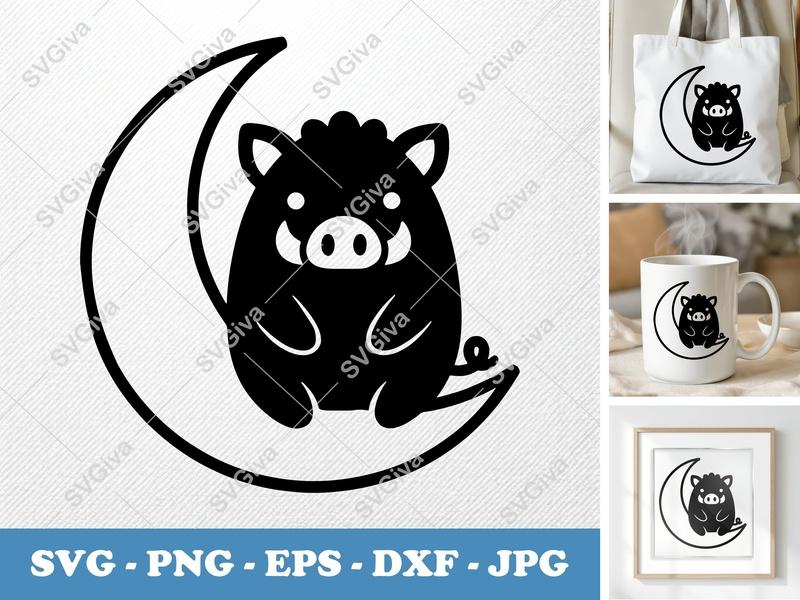 Boar SVG, Cute Wild Boar on Moon PNG EPS DXF, Cartoon Pig Cut File for Cricut, Silhouette, Modern Animal Vector Art