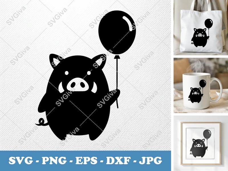 Boar SVG | Cute Wild Boar with Balloon Cut File | PNG EPS DXF for Cricut & Silhouette | Modern Cartoon Pig Design