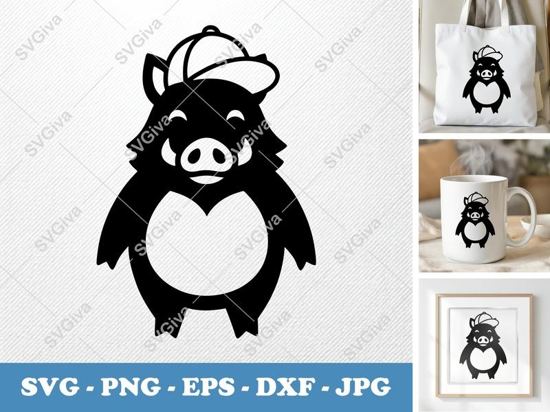 Boar SVG | Cute Wild Hog with Cap | Modern Cartoon Animal Cut File for Cricut, Silhouette | PNG EPS DXF Vector