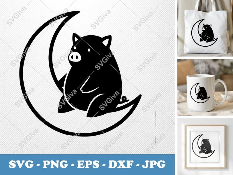 Boar SVG, Pig on Moon Cut File | Modern Clean Farm Animal Design | PNG EPS DXF for Cricut & Silhouette