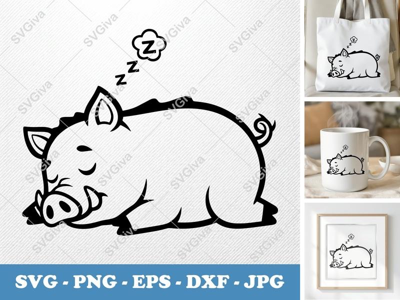 Boar SVG Sleeping Cartoon, Cute Wild Pig | PNG EPS DXF | Cricut Silhouette File, Animal Clipart, Digital Download