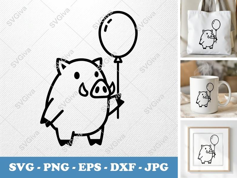 Boar SVG with Balloon | Cartoon Wild Pig Cut File | Cricut Silhouette | Modern Design EPS DXF PNG