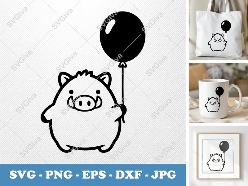 Boar SVG with Balloon | Cute Wild Pig Cut File, Modern Clean Design | PNG EPS DXF for Cricut & Silhouette