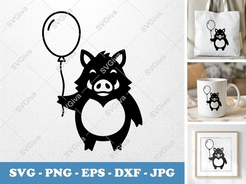 Boar SVG with Balloon, Cute Wild Pig Cut File, PNG EPS DXF for Cricut & Silhouette, Modern Animal Clipart, Party Hog Design