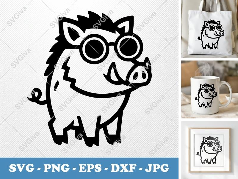 Boar SVG with Glasses | Modern Wild Hog Cut File | PNG EPS DXF | Cricut Silhouette Design | Animal Clipart | Funny Pig
