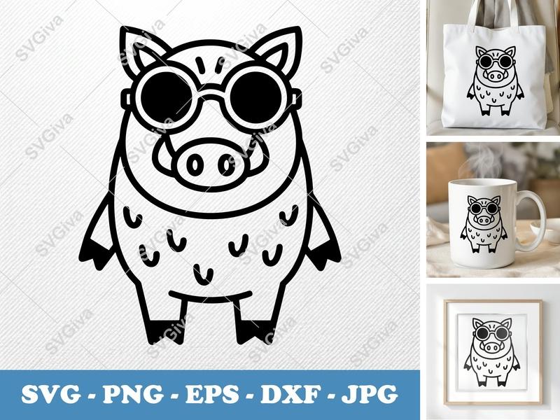 Boar SVG with Sunglasses | Wild Pig Cut File | EPS PNG DXF for Cricut & Silhouette, Modern Farm Animal Design