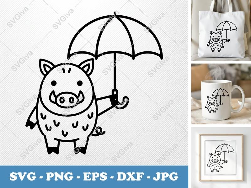 Boar SVG with Umbrella | Cute Wild Hog Design | PNG EPS DXF for Cricut Silhouette