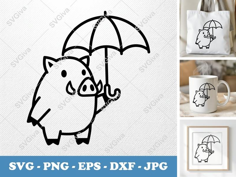 Boar SVG with Umbrella | Cute Wild Hog Line Art | PNG EPS DXF | Cricut Silhouette File, Animal Clip Art, Modern Design