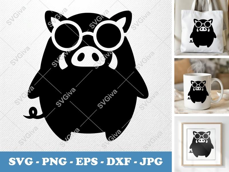 Boar Wearing Sunglasses SVG | Puffy Cartoon Boar Cut File | Inflated Pillow Soft Design | PNG DXF EPS | Cricut Silhouette File