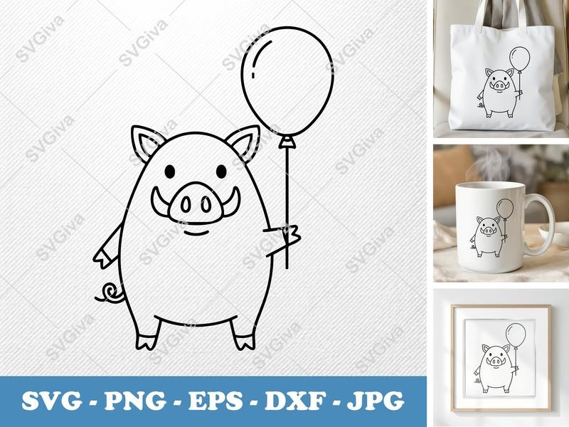 Boar with Balloon SVG | Friendly Rounded Bean-Shaped Cut File | PNG DXF EPS for Cricut Silhouette