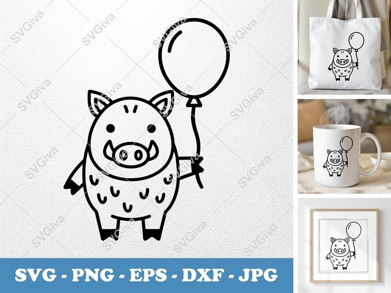 Boar with Balloon SVG, PNG, EPS, DXF | Cute Cartoon Animal Cut File for Cricut & Silhouette | Modern Clean Design