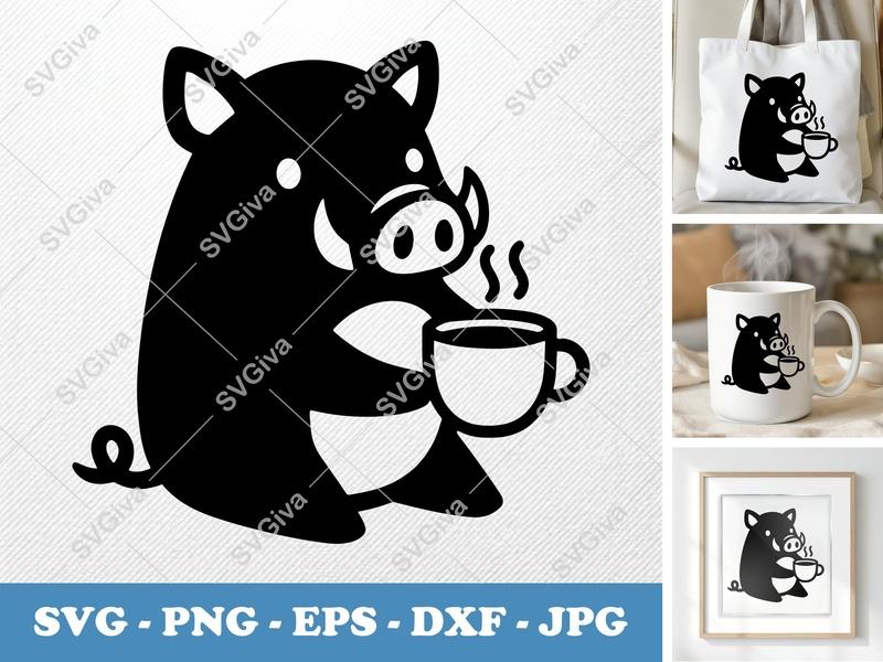 Boar with Coffee Cup SVG | Puffy Soft Forms PNG DXF EPS | Cricut Silhouette File