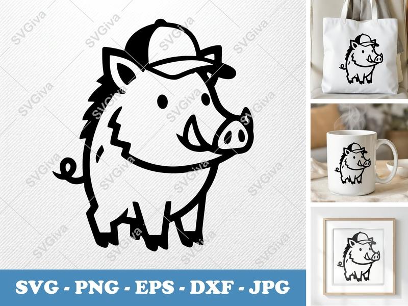 Boar with Hat SVG, Cute Wild Pig PNG, EPS, DXF | Cricut & Silhouette Cut File, Modern Animal Clipart, Hog Design