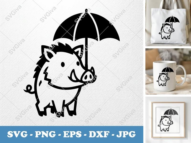 Boar with Umbrella SVG | Cute Wild Pig PNG EPS DXF | Animal Clipart for Cricut & Silhouette | Modern Clean Design