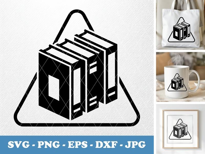 Bookends isometric angle SVG, minimalist books in bold triangle frame, PNG, EPS, DXF for Cricut & Silhouette cutting machines