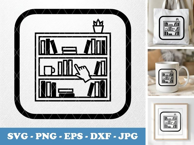 Bookshelf in active use SVG | Minimal Bookcase with Hand, Mug, Plant | PNG EPS DXF | Cricut Silhouette File