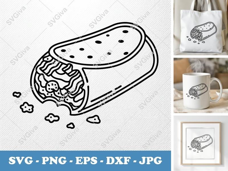 Breakfast Burrito SVG, Bitten Burrito Cut File | Modern Food Clipart, Outline Design, PNG, EPS, DXF for Cricut & Silhouette