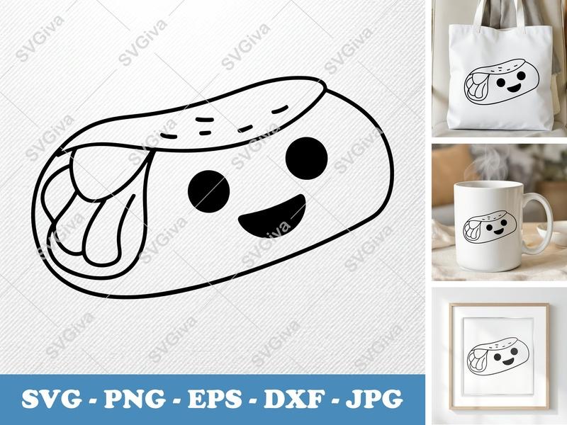Breakfast Burrito SVG, Cute Kawaii Burrito Face, Food Clipart, Outline Cut File for Cricut & Silhouette | PNG EPS DXF