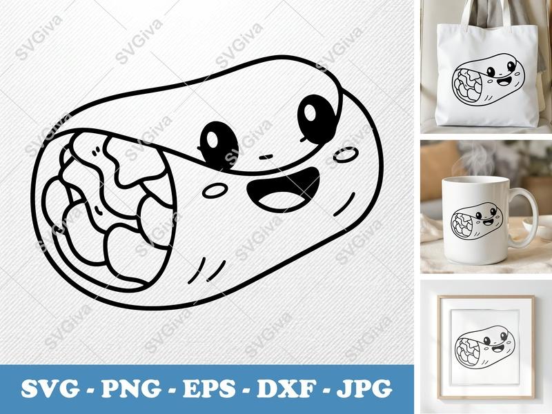 Breakfast Burrito SVG | Kawaii Food Clipart, Cute Cartoon, Outline Design | PNG EPS DXF for Cricut, Silhouette