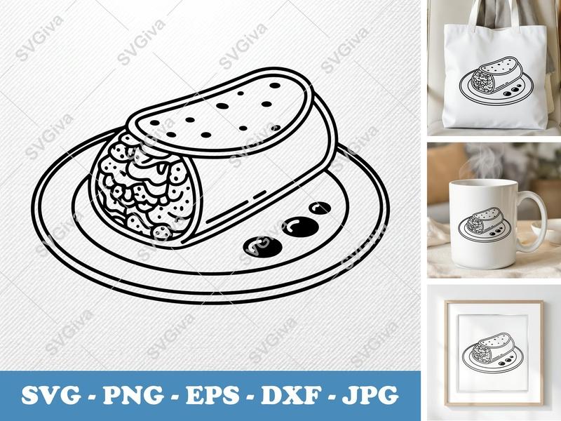 Breakfast Burrito SVG, Modern Clean Burrito on Plate, Foodie Cut File, PNG EPS DXF for Cricut, Silhouette, Kitchen Decor