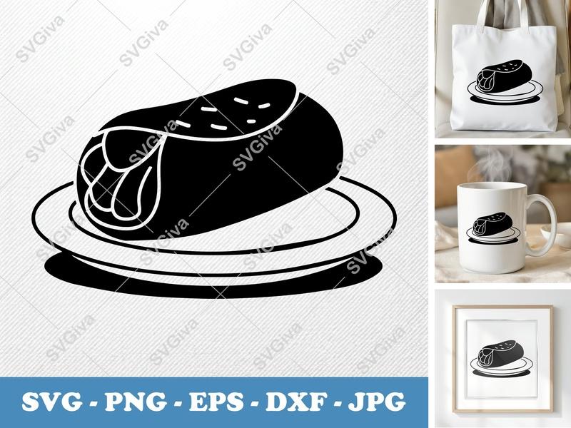 Breakfast Burrito SVG, Modern Clean Food Cut File, Outline Plate Design, PNG, EPS, DXF for Cricut & Silhouette