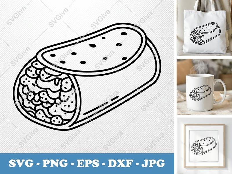 Breakfast Burrito SVG | Modern Line Art Cut File for Cricut, Silhouette | Food PNG EPS DXF | Kitchen Clipart Graphic