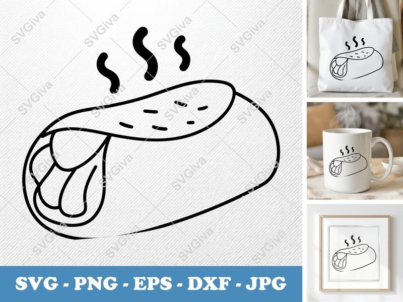 Breakfast Burrito SVG, Modern Steaming Food Icon, Outline PNG EPS DXF for Cricut, Silhouette, Kitchen Decor, Restaurant