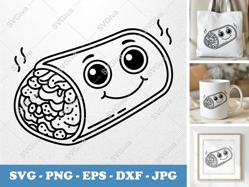 Breakfast Burrito with Smiling Face SVG | Double-Outline Minimalist Cut File | Thick Contour, Thin Lines | PNG DXF EPS | Cricut Silhouette