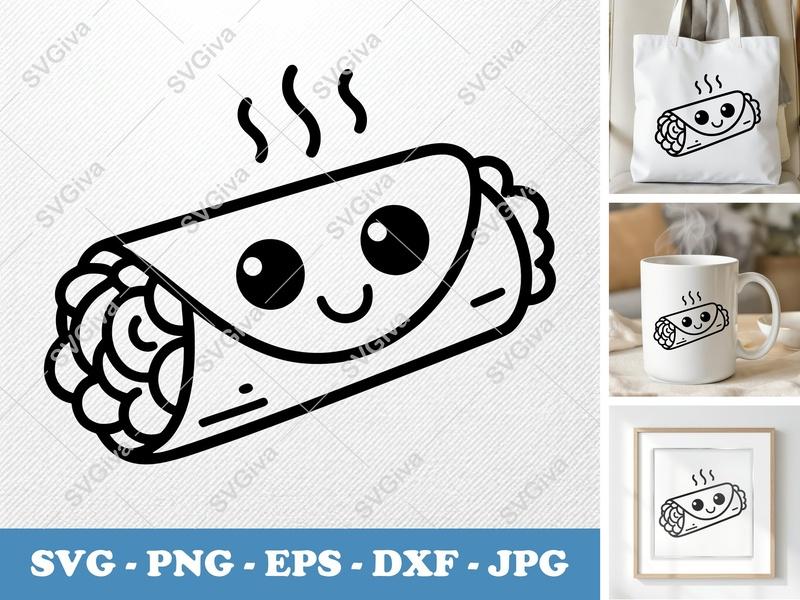Breakfast Burrito with Smiling Face SVG PNG DXF EPS | Kawaii Food Cut File for Cricut Silhouette