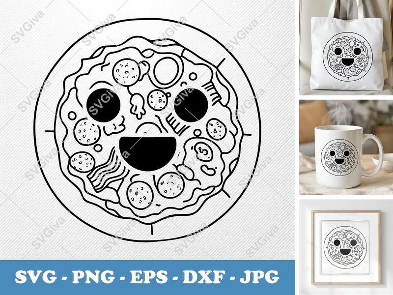 Breakfast Pizza SVG | Kawaii Cartoon Food Cut File for Cricut, Silhouette | Modern Outline Design, PNG EPS DXF included