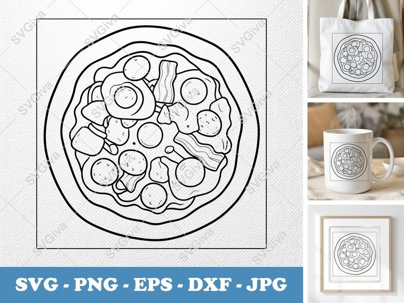 Breakfast Pizza SVG, Modern Clean Design with Eggs & Bacon | PNG EPS DXF for Cricut & Silhouette, Food Clip Art