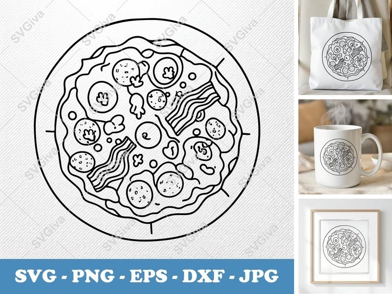Breakfast Pizza SVG | Modern Outline Bacon Sausage Egg Design | PNG EPS DXF for Cricut Silhouette