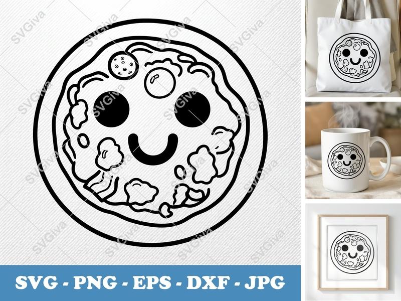 Breakfast Pizza with Smiling Face SVG | Puffy, Inflated Shapes | PNG DXF EPS | Cricut Silhouette File