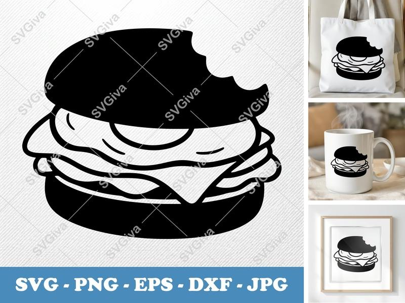 Breakfast Sandwich SVG, Bitten Burger Cut File, Modern Food Clipart, PNG EPS DXF for Cricut, Silhouette, Cafe Decor