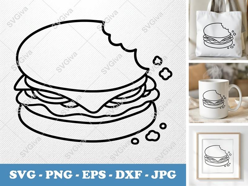 Breakfast Sandwich SVG | Bitten Outline Cut File, Modern Food Clipart | PNG EPS DXF for Cricut, Silhouette, Vector Art