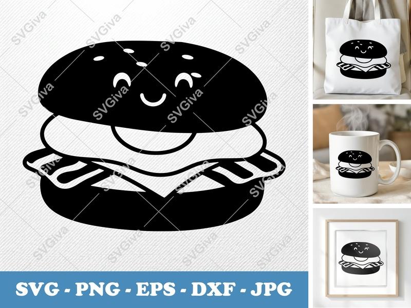 Breakfast Sandwich SVG | Cute Kawaii Food Art, Bacon, Egg & Cheese | PNG EPS DXF for Cricut, Silhouette