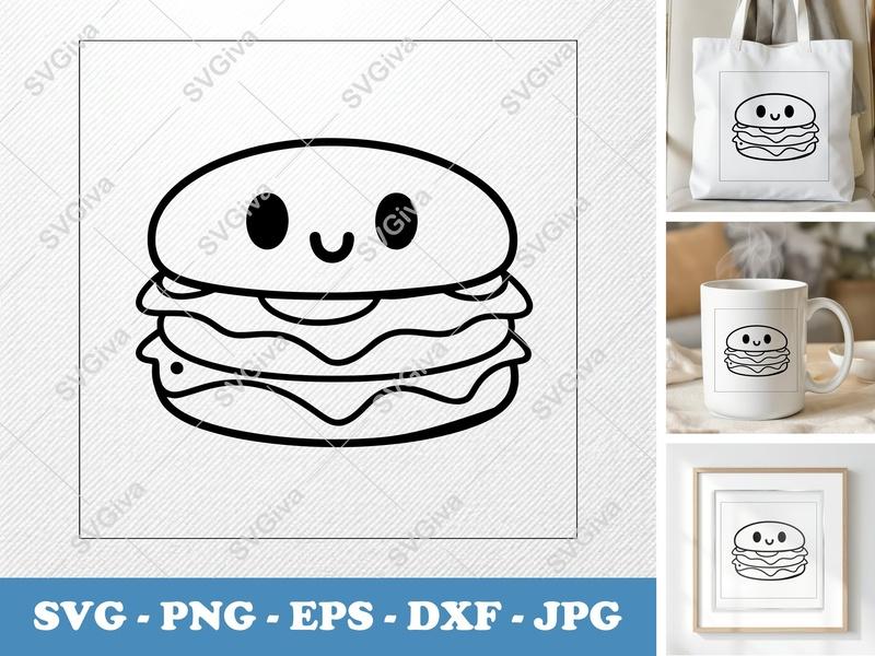 Breakfast Sandwich SVG, Kawaii Food Cut File, Happy Burger PNG, EPS, DXF for Cricut & Silhouette, Modern Brunch Clipart