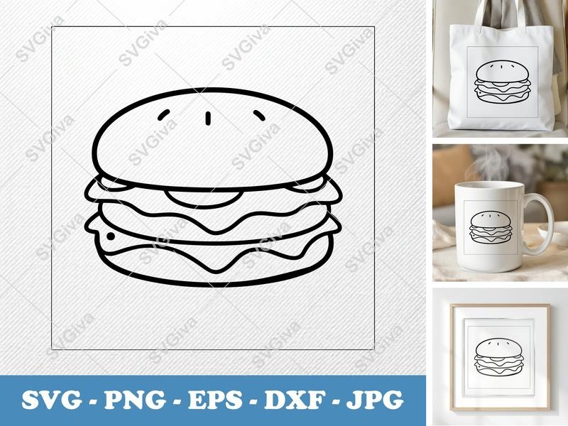 Breakfast Sandwich SVG | Modern Line Art Burger Cut File, Food Clipart | PNG EPS DXF for Cricut, Silhouette, Vector